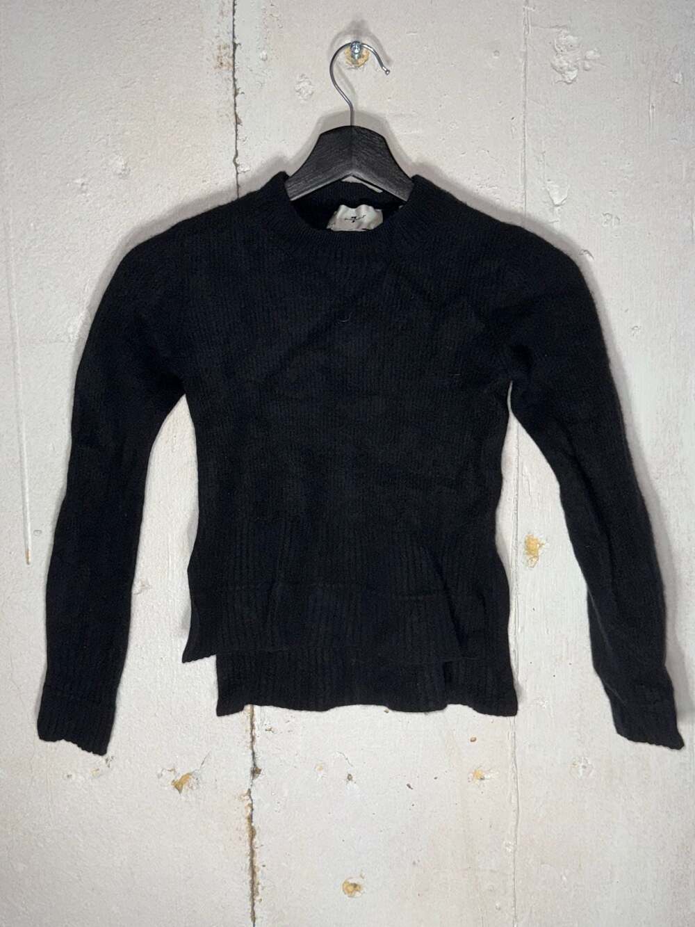7 For All Mankind Black Italian Yarn Mixed Ribbed Ruffle Hem Sweater